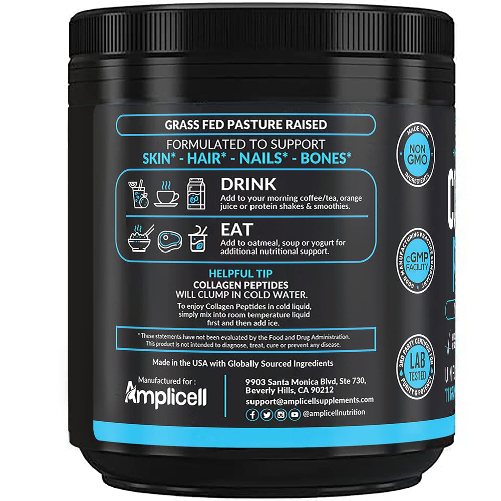 Amplicell collagen powder in a glass emphasizing easy daily protein support