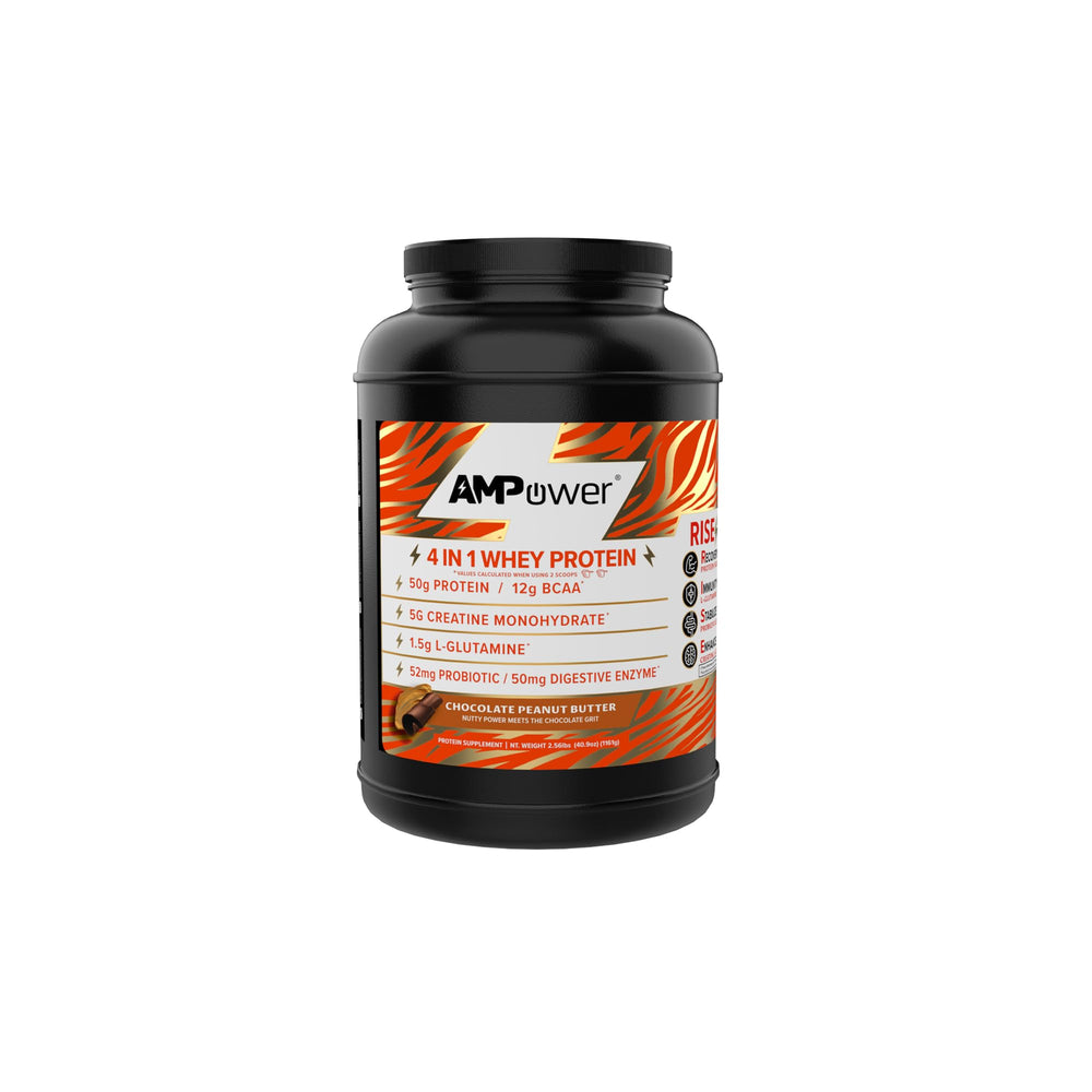 AMPOWER chocolate peanut butter whey powder tub front for premium protein support after training