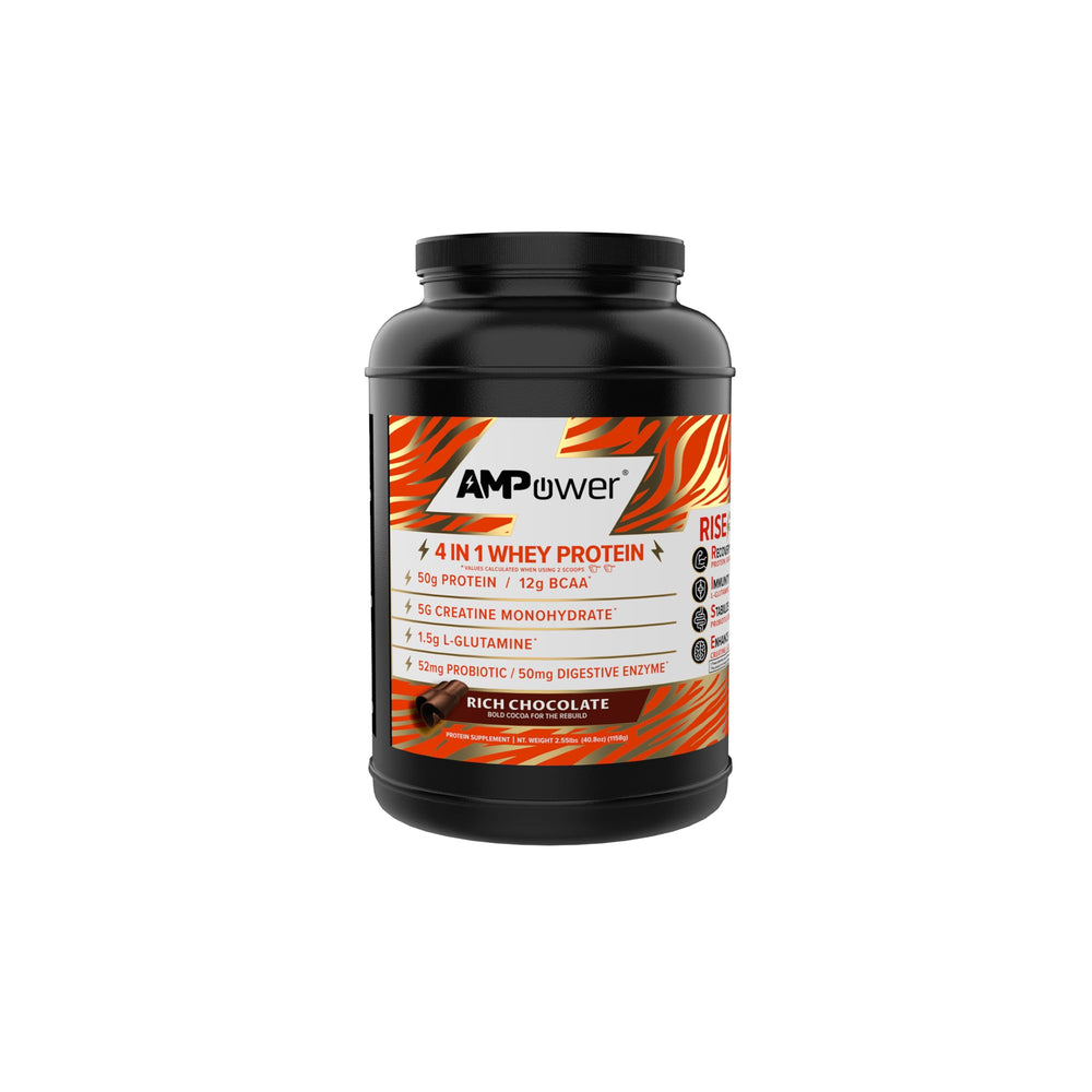 AMPOWER Rich Chocolate Whey Protein Powder bottle highlighting muscle recovery potential