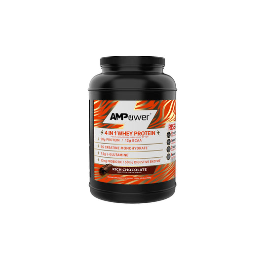 AMPOWER Rich Chocolate Whey Protein Powder bottle highlighting muscle recovery potential