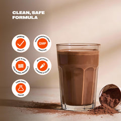 Close-up of AMPOWER Rich Chocolate Whey Protein Powder showing creamy shake-ready texture