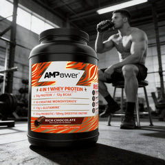 AMPOWER Rich Chocolate Whey Protein Powder scoop with serving suggestion for post-workout