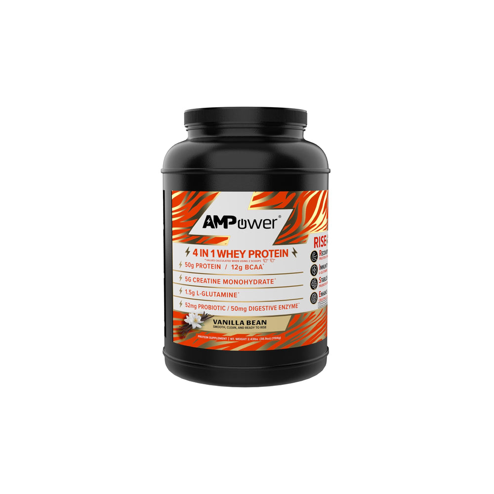 AMPOWER Vanilla Bean Whey Bottle being poured for post-workout fuel