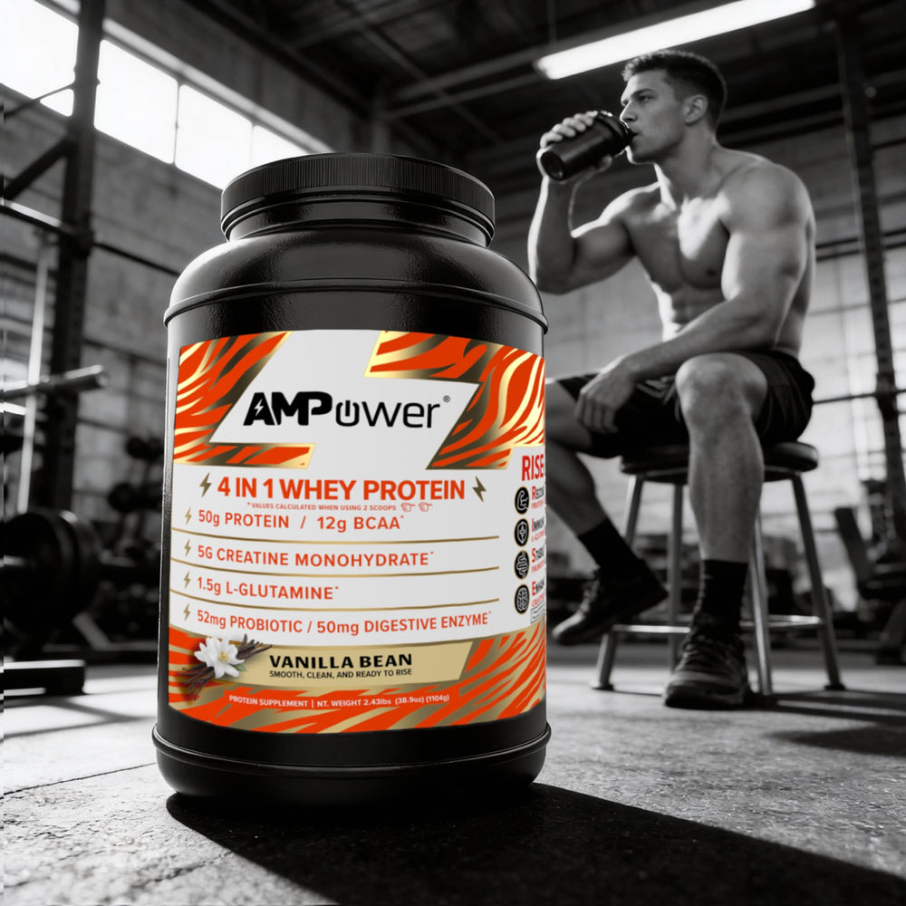 AMPOWER scoop ready to mix with enzymes and probiotics in a shake