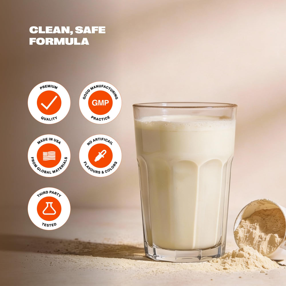 AMPOWER Vanilla Bean Whey shake in glass supports muscle recovery during training
