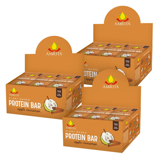 Amrita Nut Free Apple Cinnamon bar hero pack, high-protein plant snack.