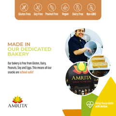 Amrita nut-free bar nutrition panel focuses on gluten-free and dairy-free ingredients.