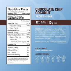 Close-up of Amrita Nut Free bar showing chocolate chips and coconut for a tasty plant-based bite.