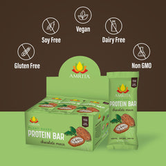 Amrita Nut Free Chocolate Maca Bar ingredients layout with dates and seeds.