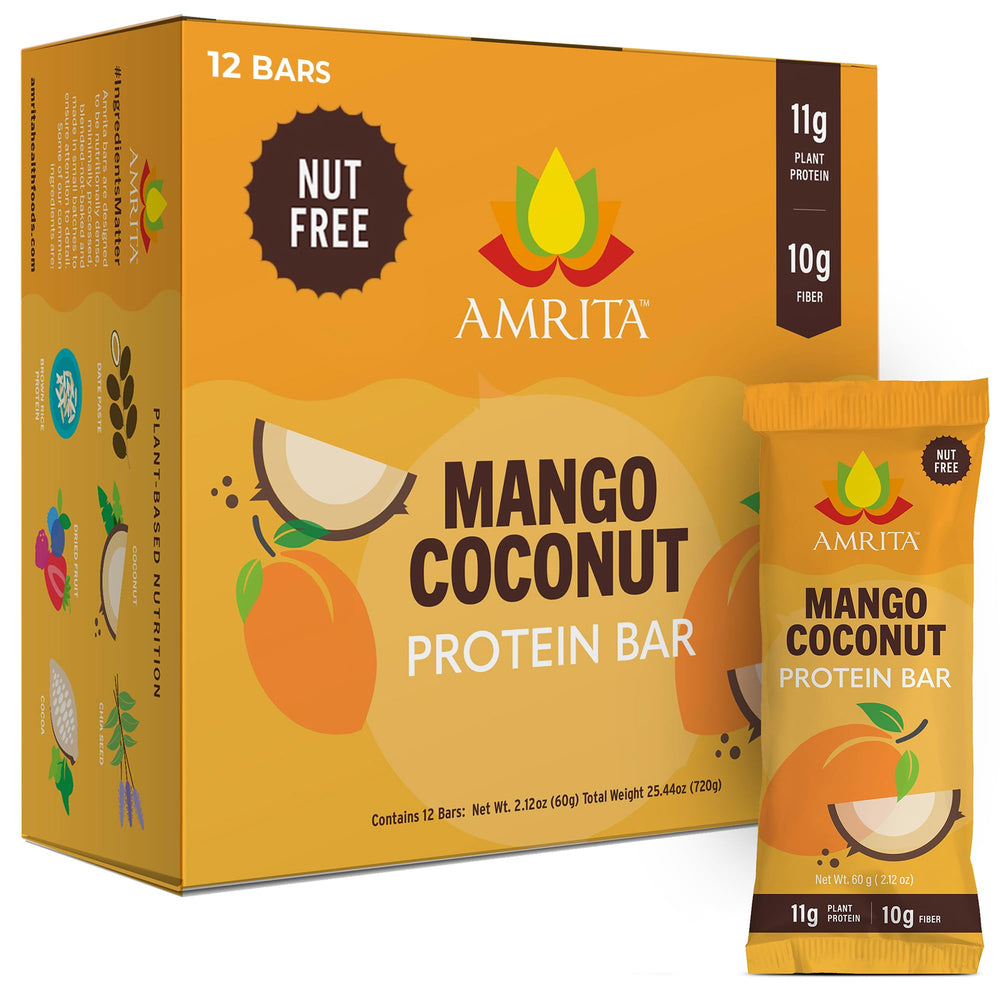 Amrita Nut Free Mango Coconut Bar packaging highlights allergen-safe snack for school or work.
