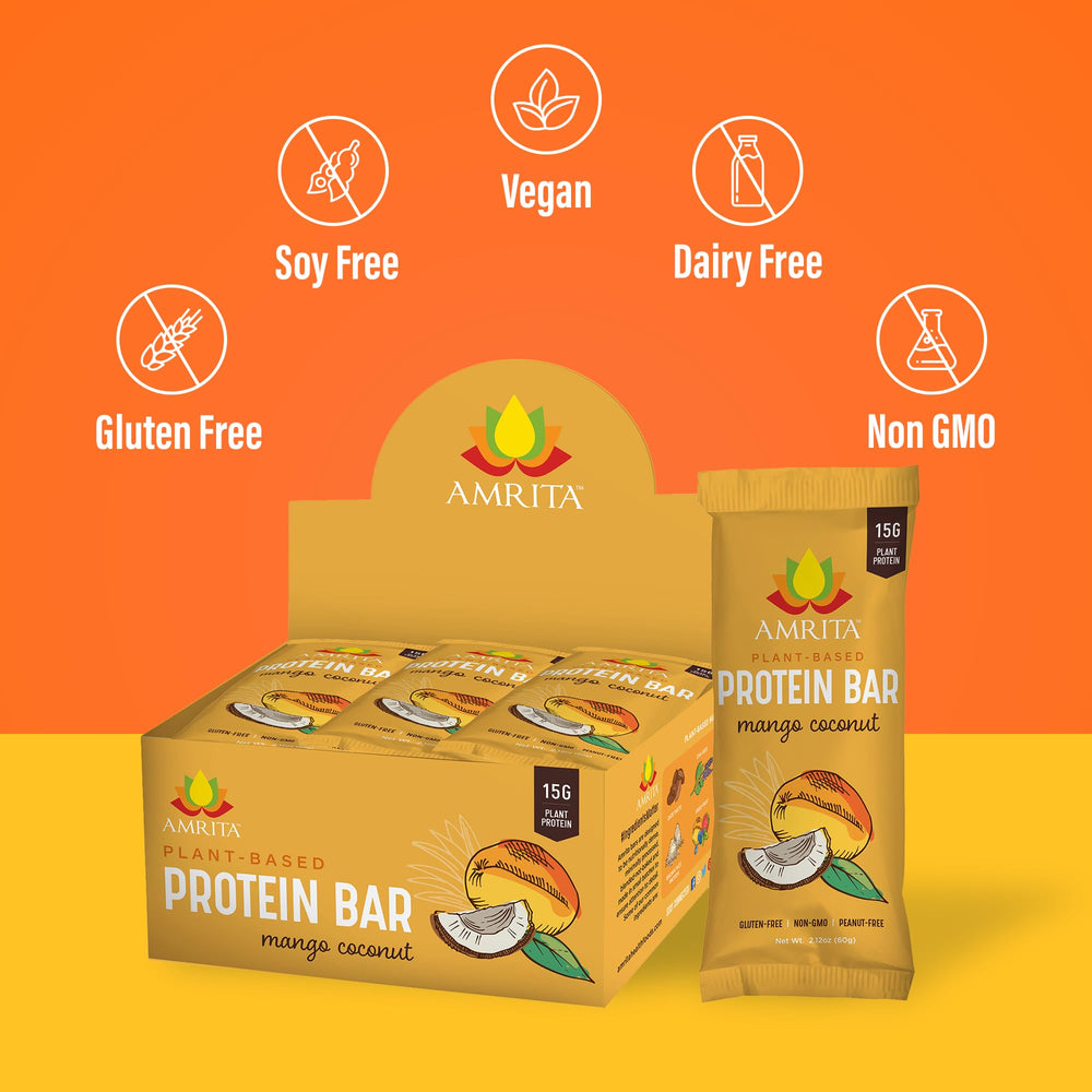 Amrita plant-based bars on a desk suggest a quick protein lift