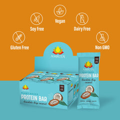 Amrita Nut Free vegan protein bar ingredients like dates, chia, and cacao.