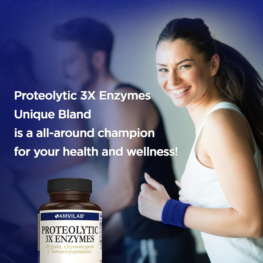 AMVILAB Proteolytic Enzymes 3X bottle back provides usage-friendly notes and benefits