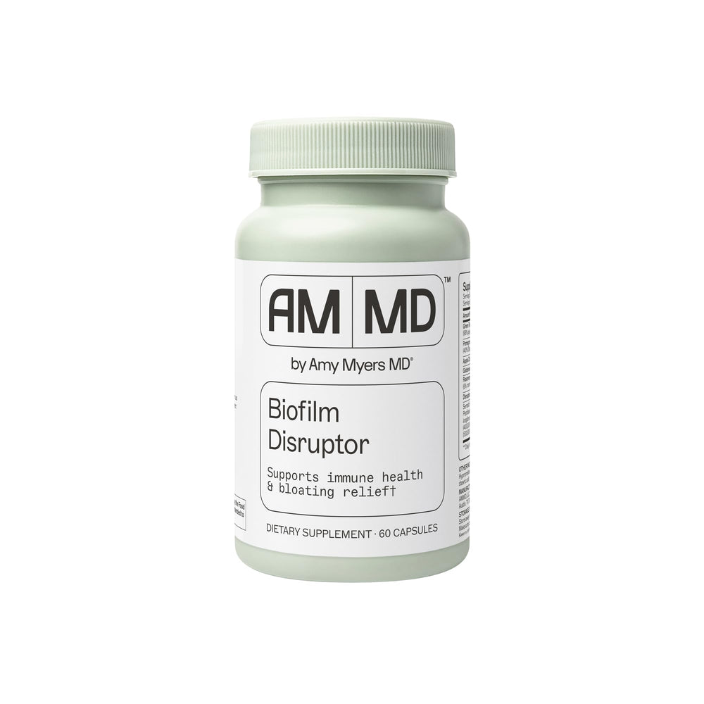 Amy Myers MD Biofilm Disruptor bottle with capsules supports gut balance.