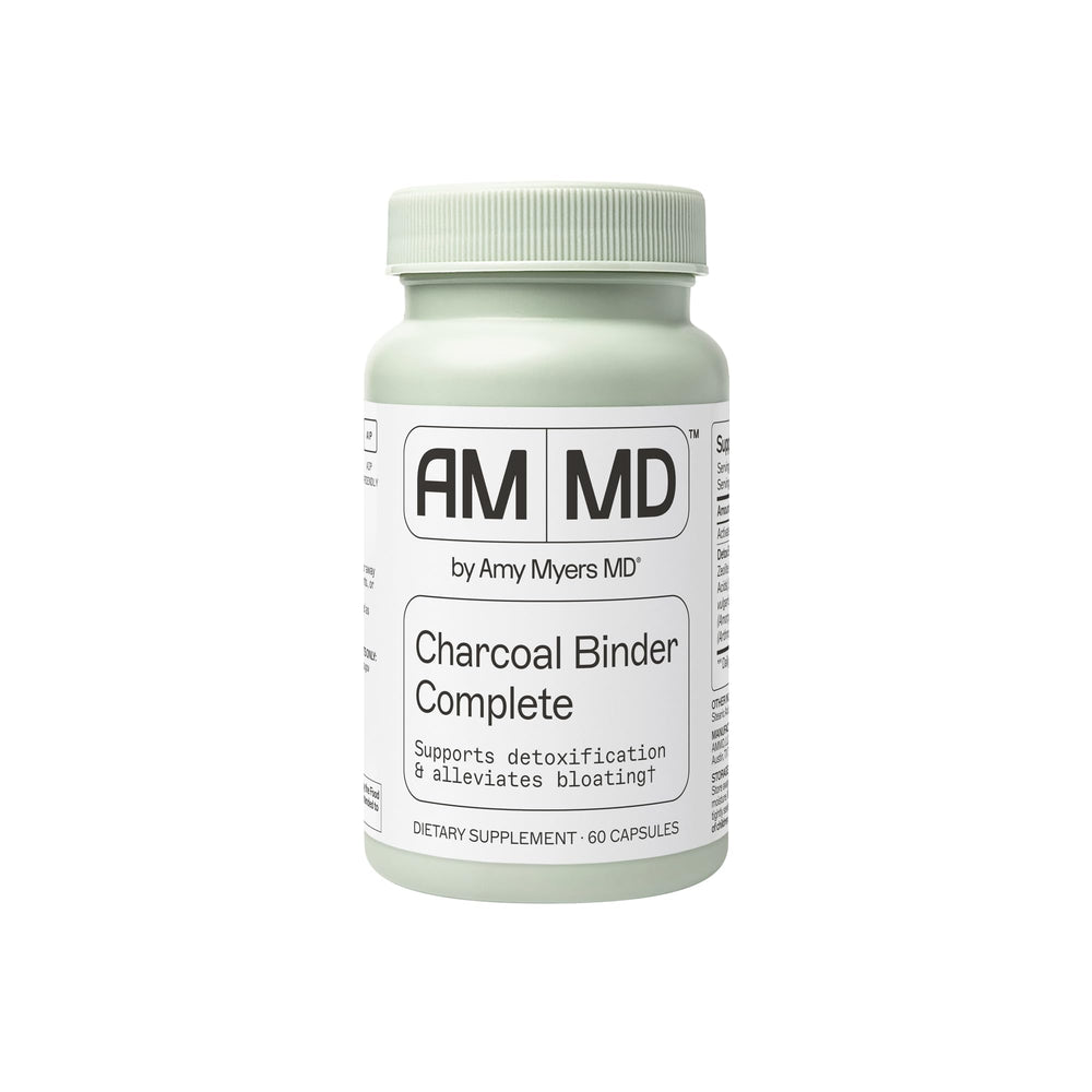 Amy Myers MD Charcoal Binder bottle shows easy to take capsules for daily detox support.