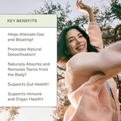 Amy Myers MD Charcoal Binder ingredients collage with charcoal, minerals, fiber, and algae.