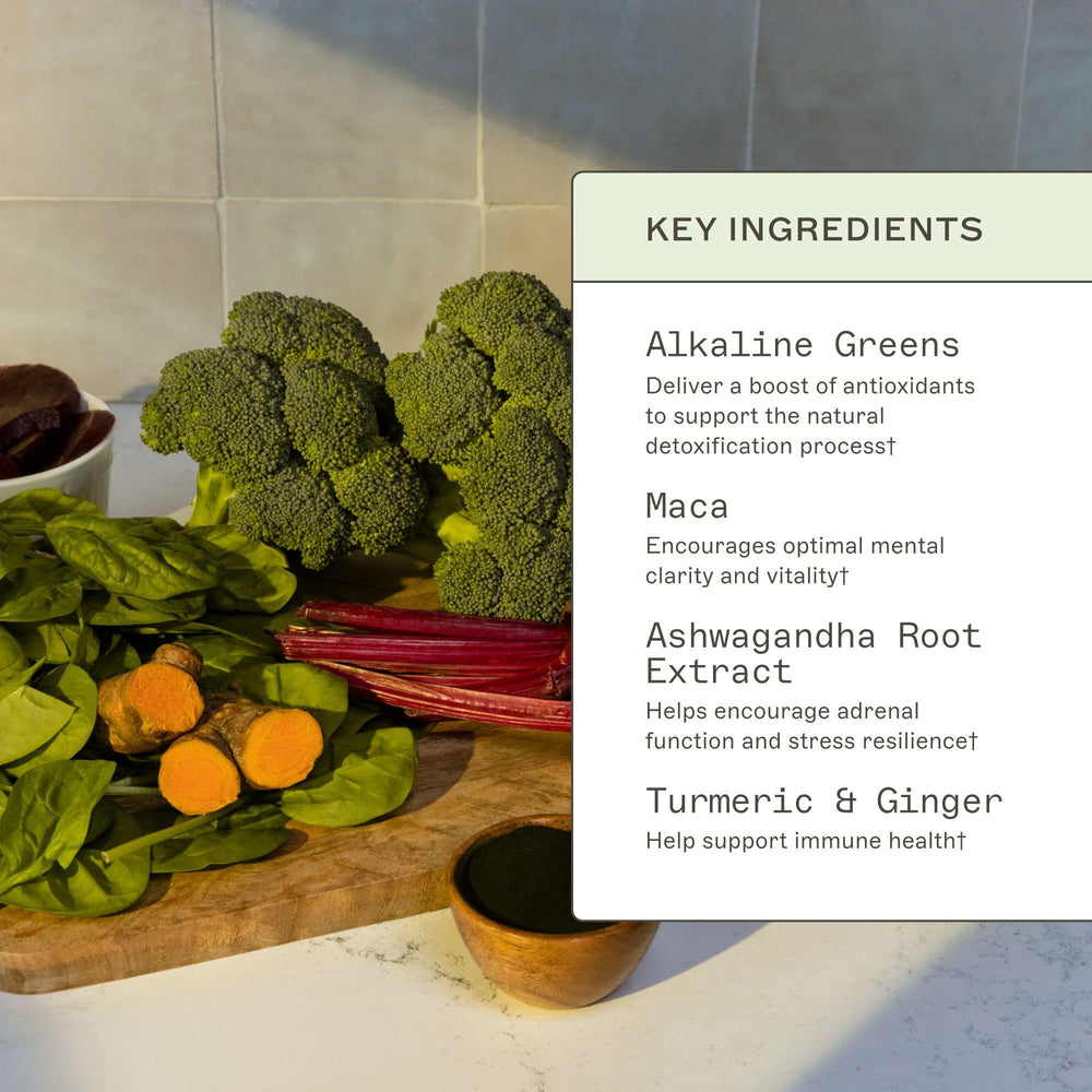 Amy Myers MD Organic Greens Powder shake in glass for a quick boost