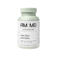 Amy Myers MD hair skin nails bottle label highlighting gluten-free capsules for beauty support