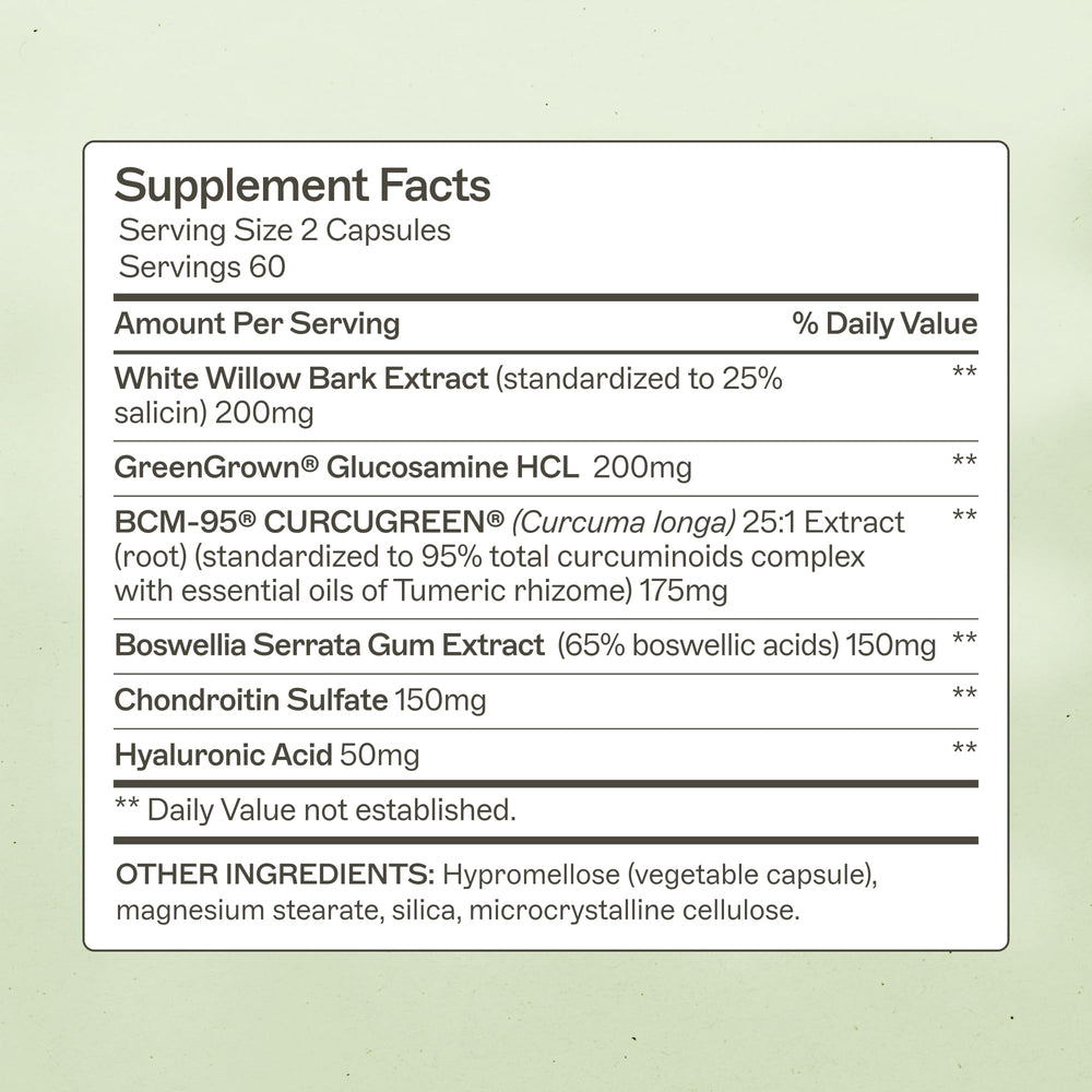 Amy Myers MD Joint Support Complex label highlighting glucosamine and chondroitin.