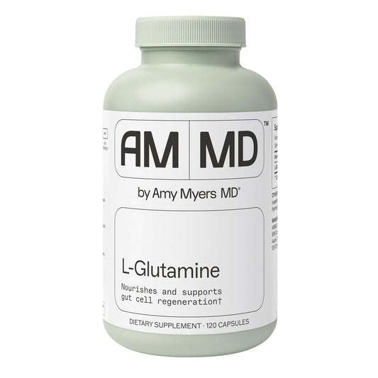 Amy Myers MD L-Glutamine capsules bottle supports gut comfort and overall wellness.