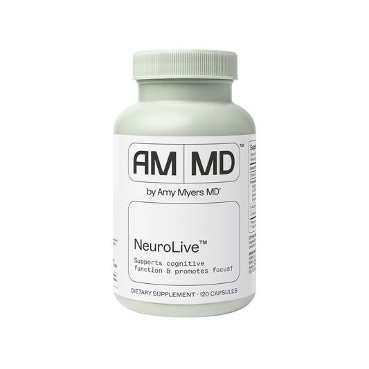 Amy Myers MD NeuroLive bottle front with capsules promoting cognitive support.
