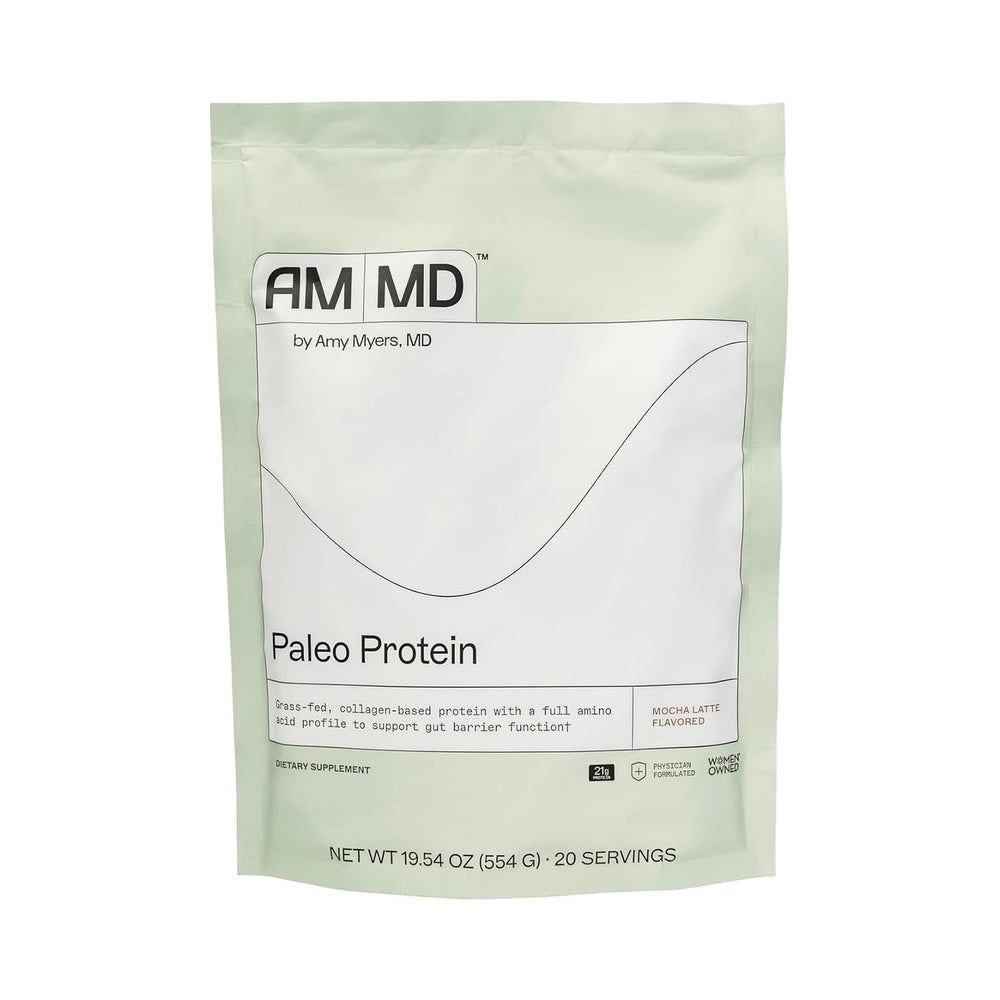 Amy Myers MD Paleo Protein Powder Mocha Latte packaging highlights gluten-free and non-dairy nutrition.