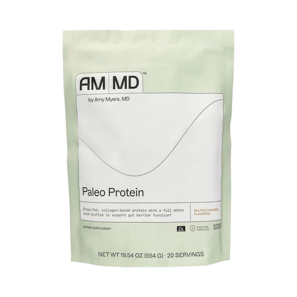 Amy Myers MD Paleo Protein bottle with salted caramel flavor for gut-friendly shakes