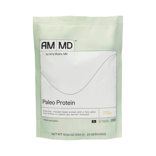 Amy Myers MD Paleo Protein Vanilla Bean packaging highlights gluten-free and dairy-free formula.