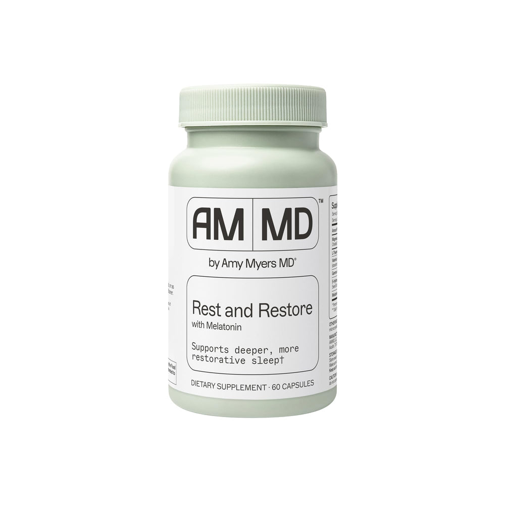 Amy Myers MD Rest & Restore melatonin bottle promotes calm sleep.