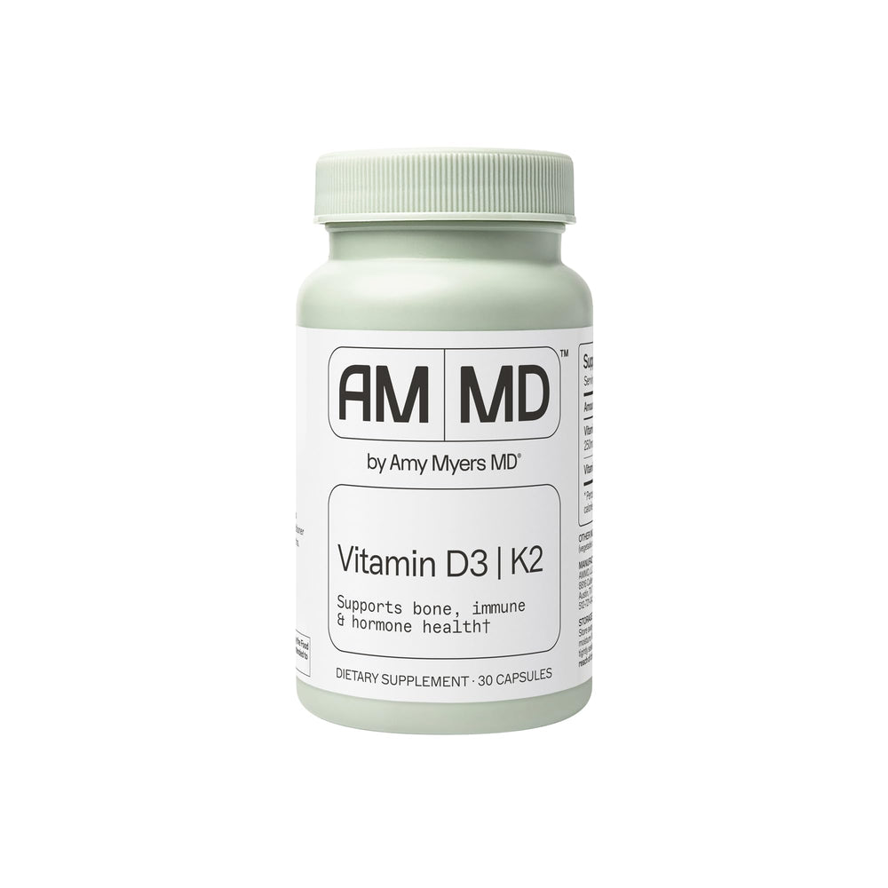 Amy Myers MD Vitamin D3/K2 capsules bottle highlights bone health and immune support.