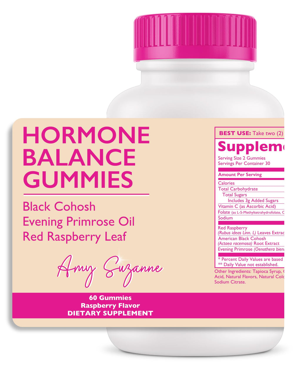 Amy Suzanne Hormone Balance Gummies bottle front, convenient daily wellness boost.