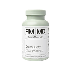 Amy Myers MD OsteoDura bottle with bone support capsules for daily use.