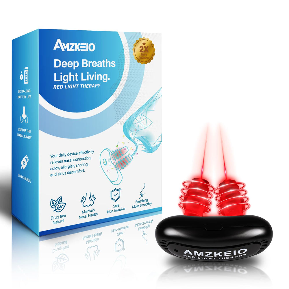 AMZKEIO nasal device close-up showing 660nm red light for gentle sinus support