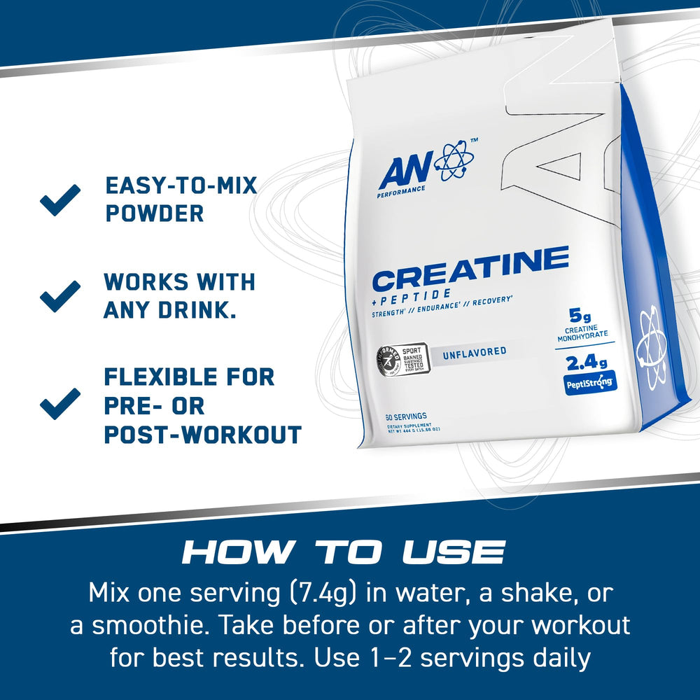 Unflavored AN Performance Creatine Monohydrate Peptide powder blends into shakes