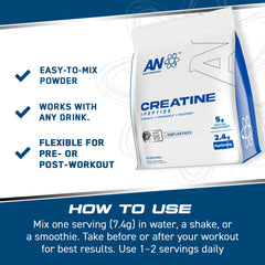 Unflavored AN Performance Creatine Monohydrate Peptide powder blends into shakes