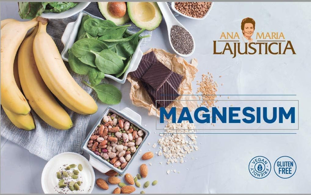 Ana Maria Lajusticia Magnesium Carbonate label highlighting kosher, vegan, gluten-free attributes.