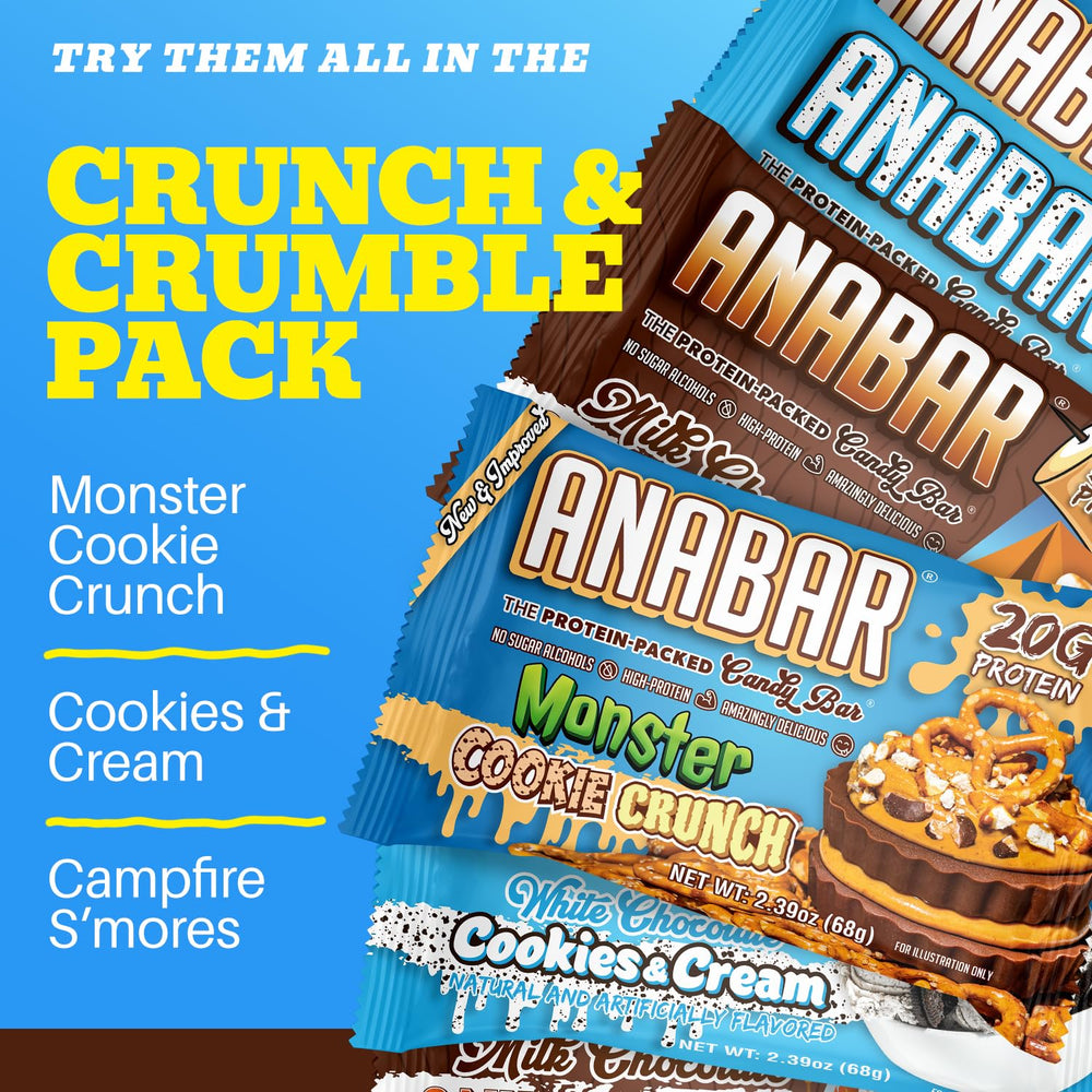 Anabar sampler pack bars close-up highlighting chocolate coating and protein-packed snack appeal
