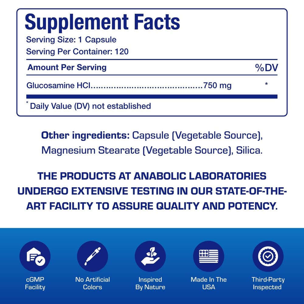 Anabolic Laboratories vegan glucosamine label detail shows non-GMO and shellfish-free