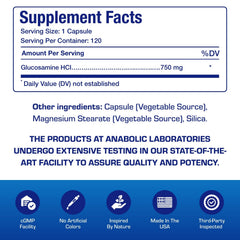 Anabolic Laboratories vegan glucosamine label detail shows non-GMO and shellfish-free