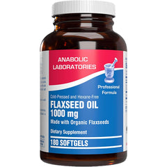 Anabolic Laboratories flaxseed oil bottle on a kitchen counter for daily omega support.