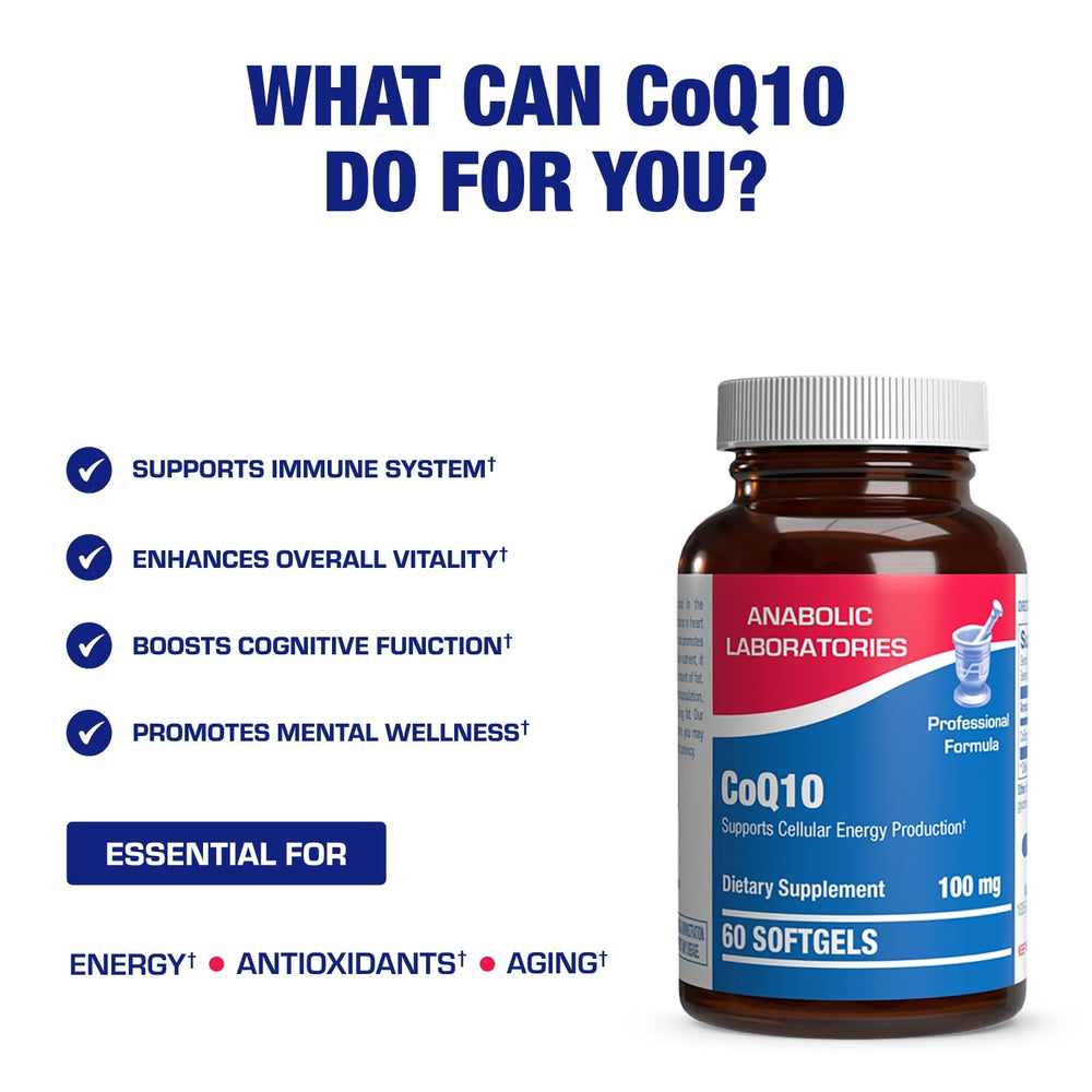 Anabolic Laboratories CoQ10 100 mg softgels pack in USA-made facility context.