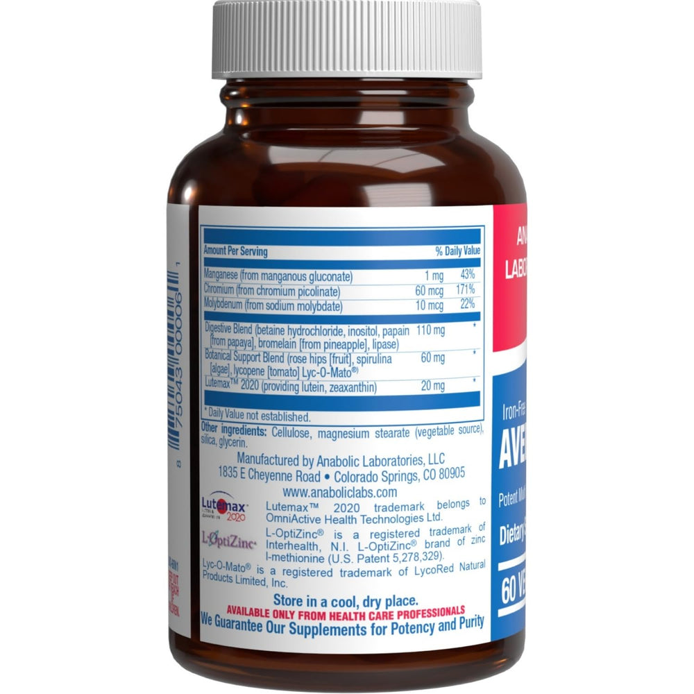 Anabolic Laboratories Iron Free Multivitamin for Women 50+ label closeup highlights 30 nutrients.