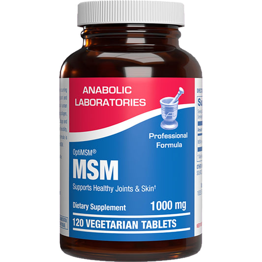 Anabolic Laboratories MSM bottle showing high-strength 1000 mg formula for joint support options.