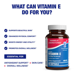 Anabolic Laboratories Vitamin E 400 IU softgels on shelf beside skincare items