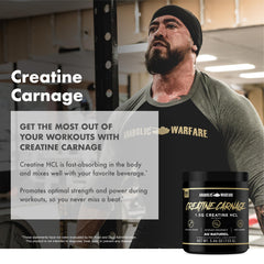 Anabolic Warfare Creatine Carnage stack-ready label shows easy stacking with supplements.