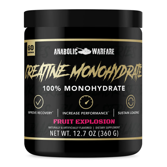 Anabolic Warfare Creatine Monohydrate Fruit Explosion bottle supports performance during intense workouts.