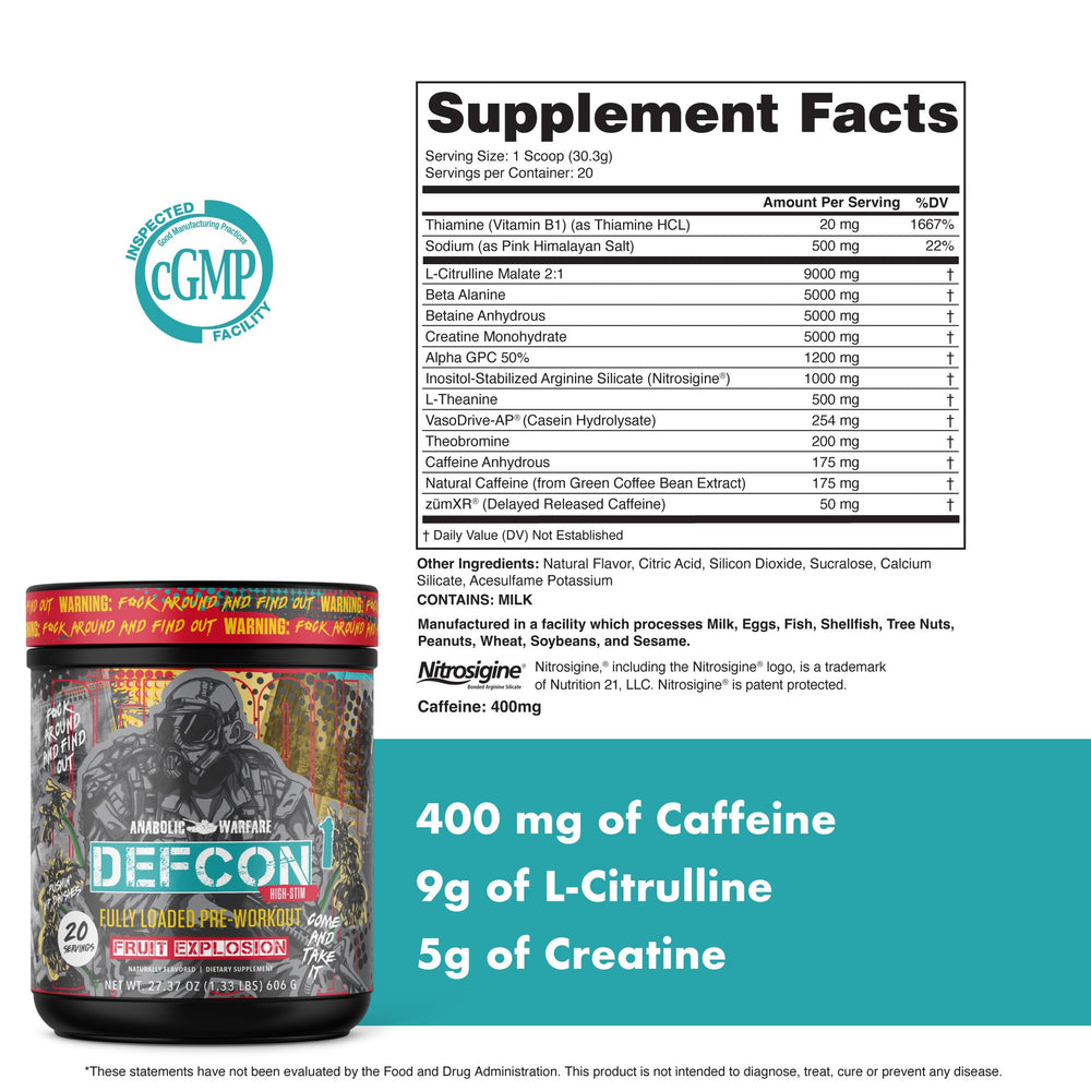 Defcon1 ingredient-label close-up showing GMP quality and high-stim formula.
