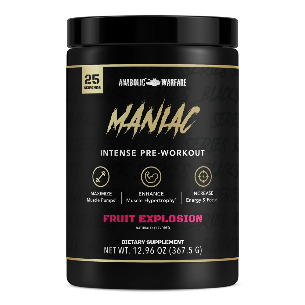 Anabolic Warfare Maniac tub front view highlighting energy and focus for workouts.