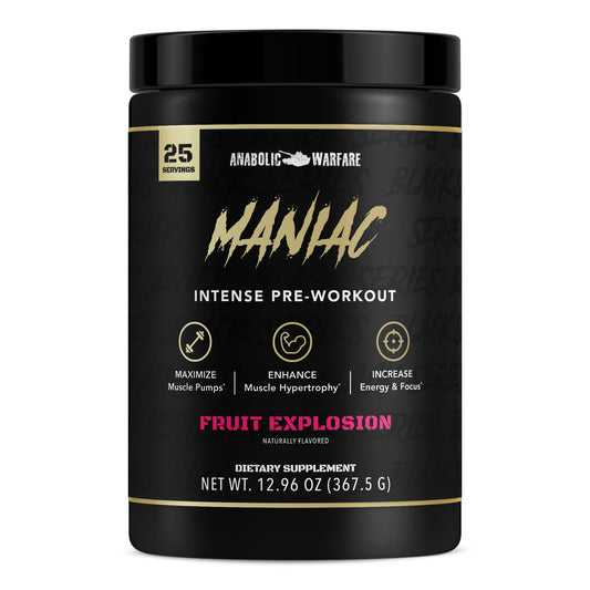 Anabolic Warfare Maniac tub front view highlighting energy and focus for workouts.