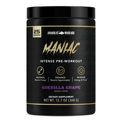 Anabolic Warfare Maniac tub front showing Guerilla Grape energy and flavor for intense workouts